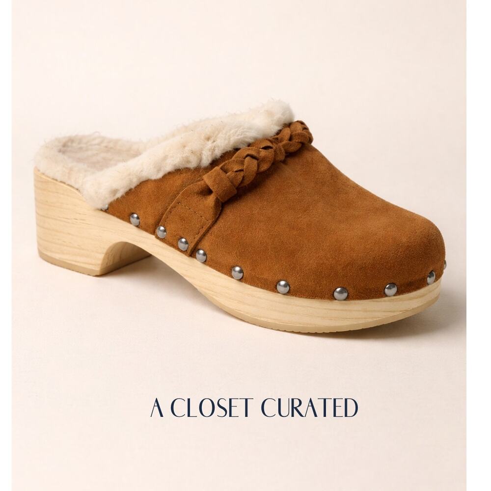 Anthropologie Cozy Braided Suede Clogs 7 Brown NEW